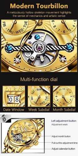 Vista 4 de OLEVS Reloj automático para hombre, cuerda automática, mecánica, de lujo, de acero inoxidable, multicalendario, impermeable, luminoso, reloj
