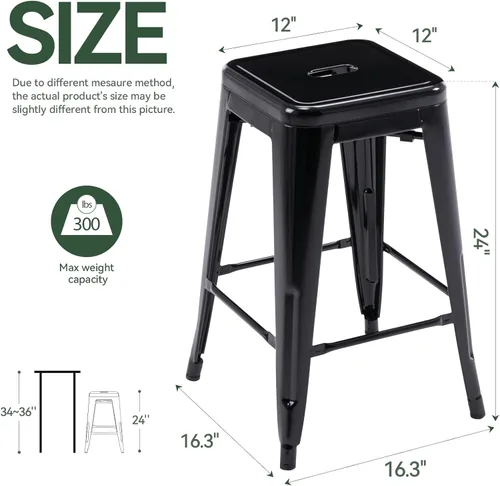 Vista 3 de Vogue Furniture Direct 24" Taburetes de bar de metal sin respaldo negros para interiores/exteriores, altura para encimera con asiento cuadrado