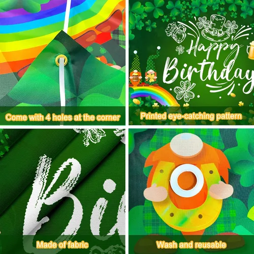 Vista 5 de Decoraciones de cumpleaños del día de San Patricio, pancarta de fondo de feliz cumpleaños del día de San Patricio, trébol de la suerte, trébol