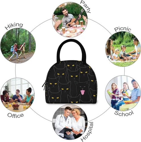 Vista 3 de Sinestour Bolsa de almuerzo con diseño de gato para mujer, bonita bolsa reutilizable, hielera negra aislada para la escuela, oficina, picnic, niños