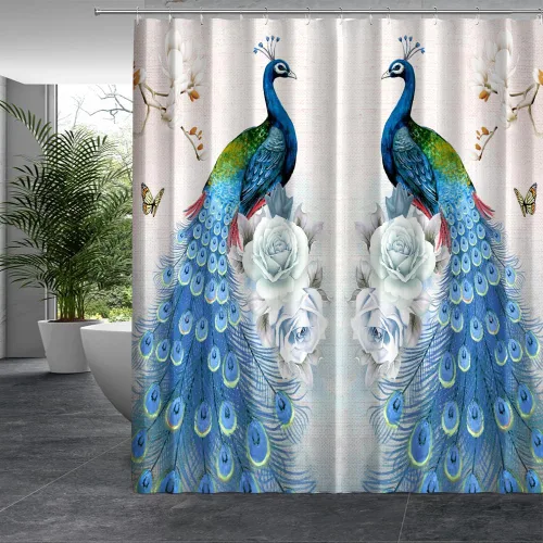Vista 2 de Cortina de ducha de pavo real, hermosa flor de pájaro, mariposa, plantas, paisajes, cortinas de tela de poliéster, decoración de baño, juego