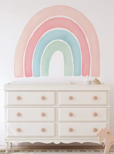 Vista 2 de Vinilo adhesivo para pared, diseño de acuarela, arcoíris, despegar y pegar (pequeño, 29.5 pulgadas de ancho x 24 pulgadas de alto, coral)