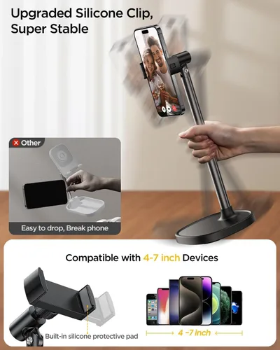 Vista 5 de DIMONCOAT Soporte de teléfono para escritorio, soporte de teléfono ajustable en ángulo y altura para escritorio, soporte universal de aleación