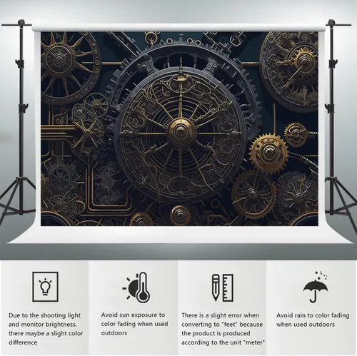 Vista 6 de YongFoto Telón de fondo antiguo steampunk de 5 x 3 pies, relojes de metal retro, esfera industrial mecánica para fotografía, telón de fondo