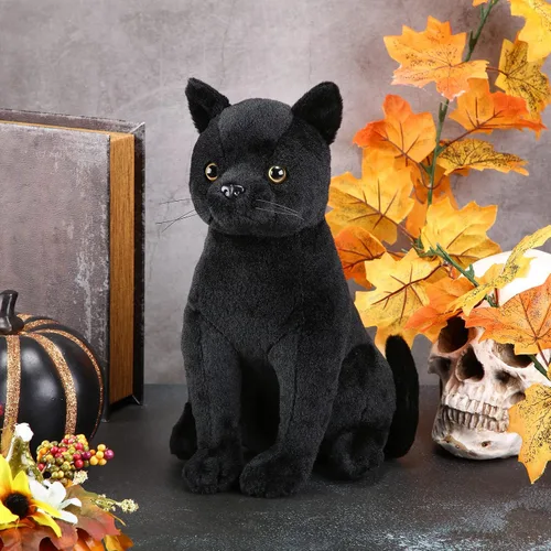 Vista 4 de HyDren Peluche de gato negro de Halloween de 13 pulgadas, animal de peluche realista de gato suave y lindo, almohada de juguete, regalos para niños