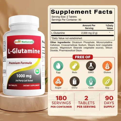 Vista 2 de Best Naturals L-Glutamina 1000mg Combustible para Entrenamiento (No OGM), 180