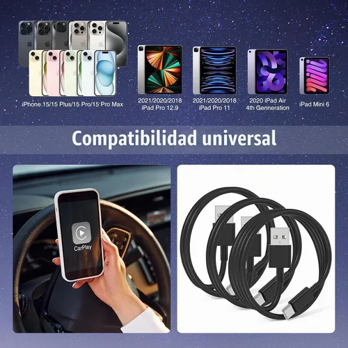 Vista 6 de Paquete de 3 cables negros [3.3 pies+3.3 pies + 6 pies] USB A a USB C, cable USB a USB C Carplay para iPhone 16 15 Pro Plus Pro Max, para iPad