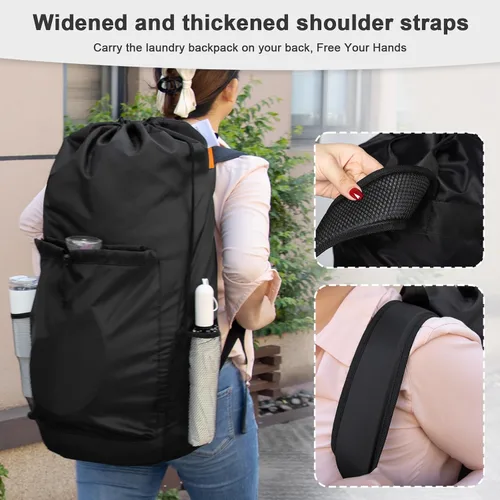 Vista 2 de Polecasa - Mochila de lavandería duradera con correas acolchonadas, tela resistente a desgarros, 3.8 oz/yd² y múltiples bolsillos, grande, Negro