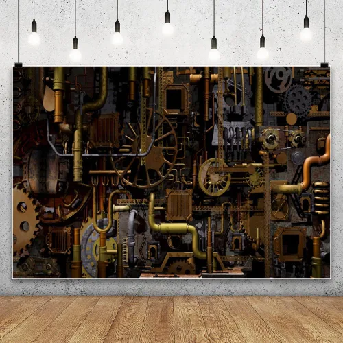 Vista 2 de YongFoto Telón de fondo vintage oxidado, estilo punk, de 5 x 3 pies, tuberías de vapor industriales de metal antiguo, fondo de fotografía, hippie