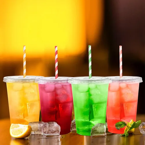 Vista 5 de Eupako 10 onzas - 100 juegos de vasos de plástico con tapas, vasos desechables transparentes con tapas, contenedores para bebidas frías, postres