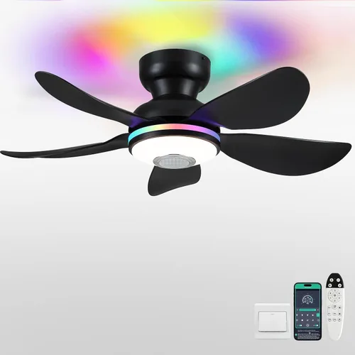 Vista 23 de Kviflon Ventiladores de techo de 46 pulgadas modernos con luces, ventilador de techo de montaje empotrado con control remoto/APP, 3 aspas curvas