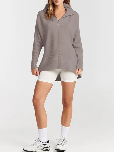 Vista 4 de ANRABESS Suéteres de gran tamaño con media cremallera para mujer, cuello en V, manga larga de murciélago, casual, holgado, de punto alto y bajo