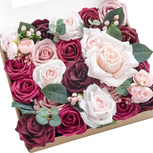 Vista 14 de Ling's moment Combo de flores artificiales de boda, caja de vegetación falsa para ramos de bricolaje, centros de mesa, decoración de espuma de rosa