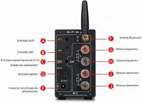 Vista 4 de SMSL AD18 Amplificador de audio estéreo HiFi, compatible con Bluetooth 4.2, compatible con APT-X, amplificador de potencia digital completo USB DSP
