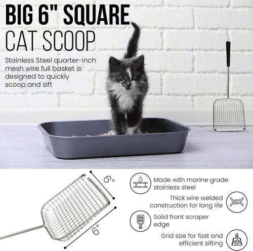 Vista 3 de Sand Dipper Recogedor de Caca de Gato y Recogedor de Caca de Pollo - Resistente Grande de 6" Cuadrado de Acero Inoxidable con Mango Largo