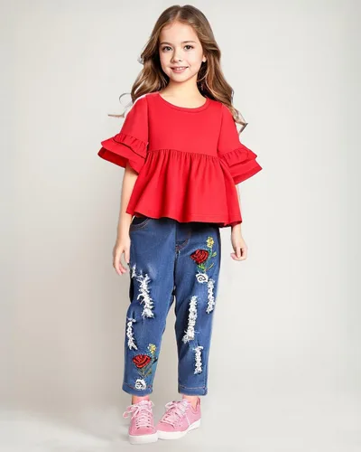 Vista 4 de NZRVAWS Baby Girl Clothes Toddler Girl Outfits Infant Ruffle Shirt Denim Ripped Jeans Cute Clothing Set