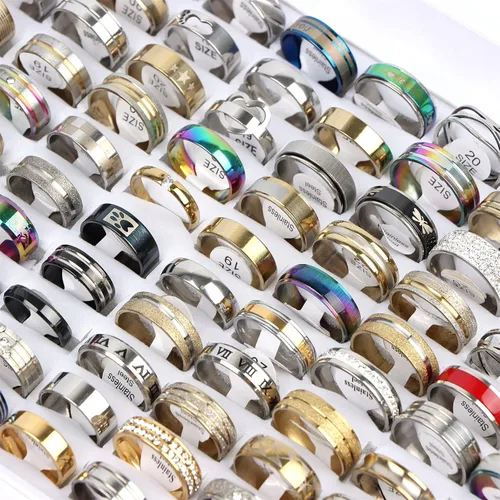 Vista 2 de 50PcsLot Fashion Stainless Steel Heart Rhinestone Band Rings For Women Men Mix Style Party Jewelry Wholesale