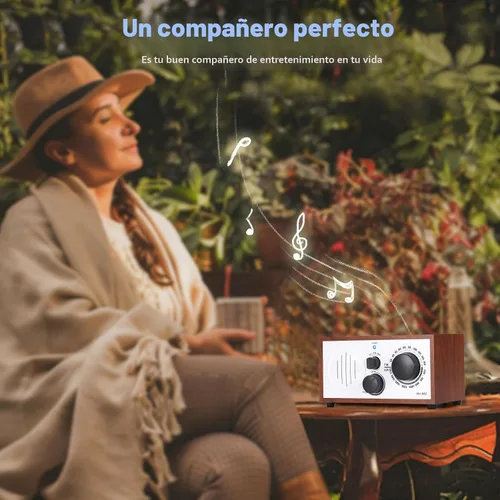 Vista 7 de Altavoz Bluetooth AM FM de madera vintage con enchufe de pared, diseño elegante y retro, altavoz Bluetooth con entrada auxiliar, conector