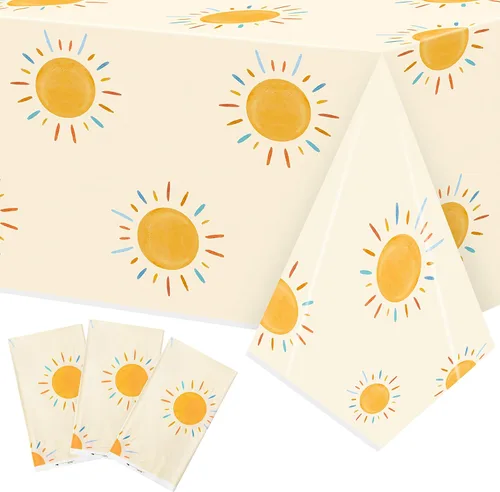 Vista 9 de 3 piezas de manteles de cumpleaños de sol bohemio, decoración de fiesta de sol bohemio, desechables, plástico impermeable, rectangulares