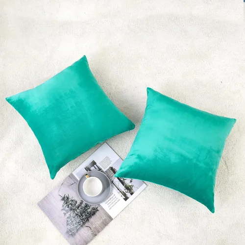 Vista 2 de NiNi ALL - Fundas de almohada decorativas de terciopelo, 16 x 16 pulgadas, paquete de 2 unidades, color verde aguamarina, suaves para sofá