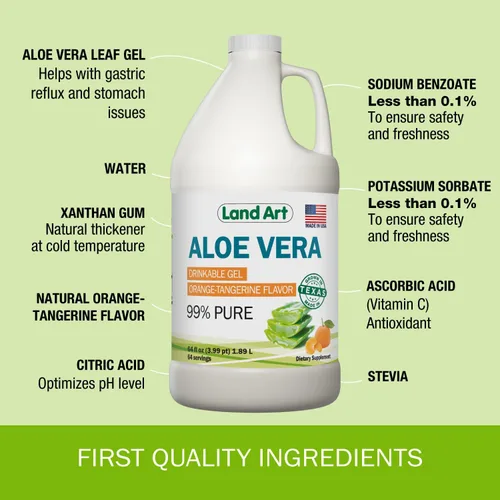 Vista 6 de Land Art Pure Aloe Vera - Gel Bebible con Sabor a Naranja y Mandarina - Filete Interior Procesado en Frío - de Hojas Frescas Orgánicas de Texas