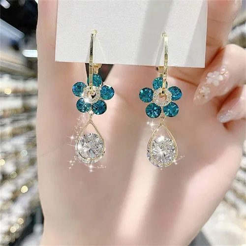Vista 7 de Aretes de flores azules de calidad, diseño especial, aretes de gota de agua, aretes de flores de calidad, aretes retro extranjeros únicos, aretes
