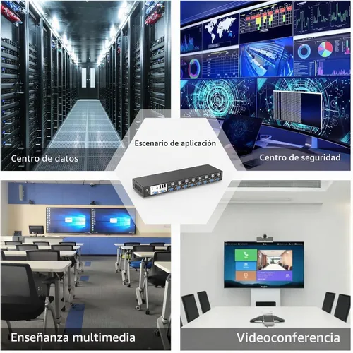 Vista 7 de eKL Conmutador KVM VGA de 8 puertos en 2 salidas Switch 8x2 Soporta teclado básico y ratón Audio USB 2.0 Dispositivos compartiendo 8 computadoras
