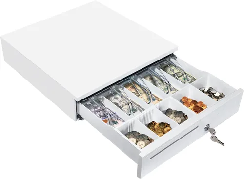 Vista 9 de MUNBYN Cajón negro para caja registradora, cajón de efectivo de 16 pulgadas de ancho con bandeja extraíble para monedas, bandeja de 5 billetes/5