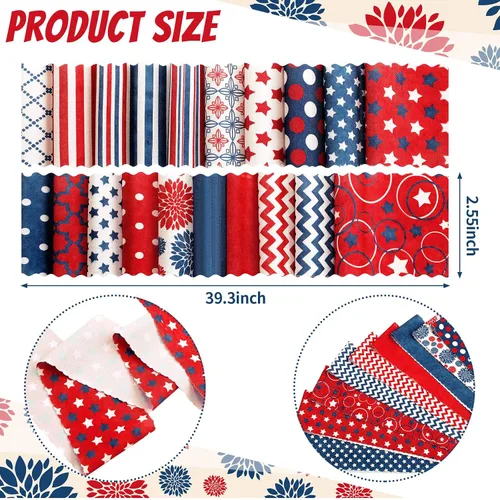 Vista 2 de Hosuly 40 piezas de tela patriótica del 4 de julio, tela roja, blanca y azul, bandera estadounidense, estrella, tira de acolchado de 2.55 pulgadas