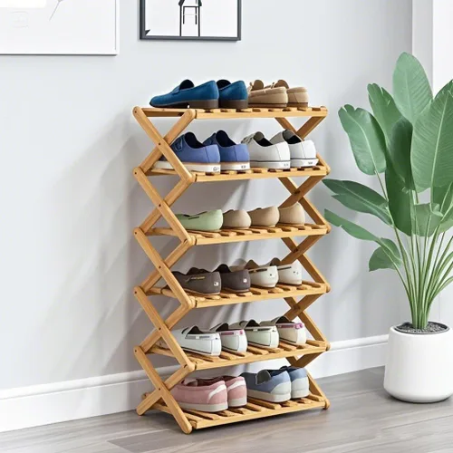 Vista 9 de Zapatero de bambú de 2 niveles, estante de almacenamiento de zapatos plegable portátil, sin instalación, pequeño zapatero perfecto para pasillos