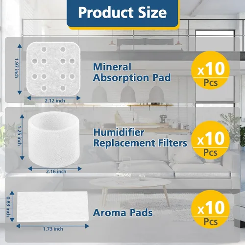 Vista 3 de Paquete de 10 Filtros de Repuesto para Humidificador, Paquete de 10 Almohadillas de Absorción y Paquete de 10 Almohadillas de Aroma, Compatible