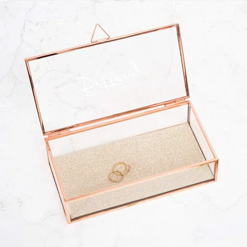 Vista 4 de WEDDINGSTAR Organizador de joyero de cristal rectangular grande personalizado Bordes de oro rosa - Fuente de guión