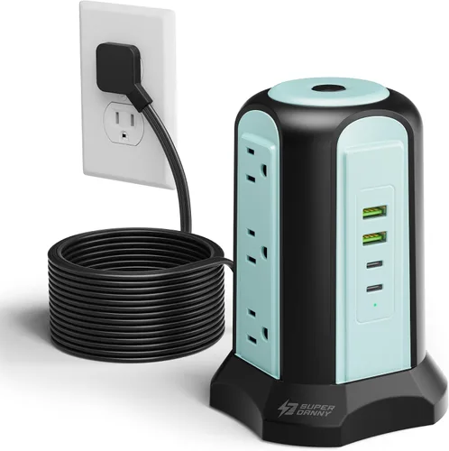 Vista 13 de Tira de alimentación con protector de subida de tensión en torre, estación de carga de escritorio SUPERDANNY, cable de extensión de enchufe plano