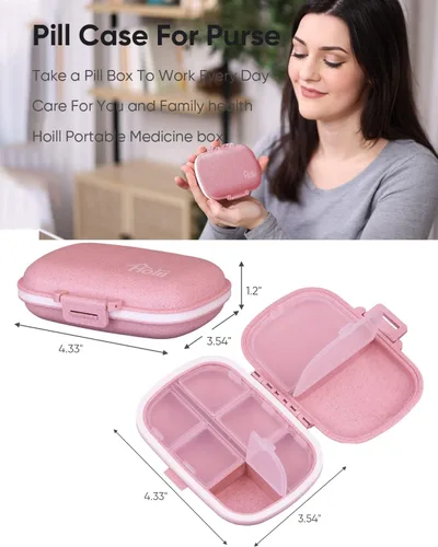 Vista 5 de Holii Organizador de pastillas de viaje con 8 compartimentos, farmacia de bolsillo para bolso, pastillero diario, organizador de medicamentos, Rosa