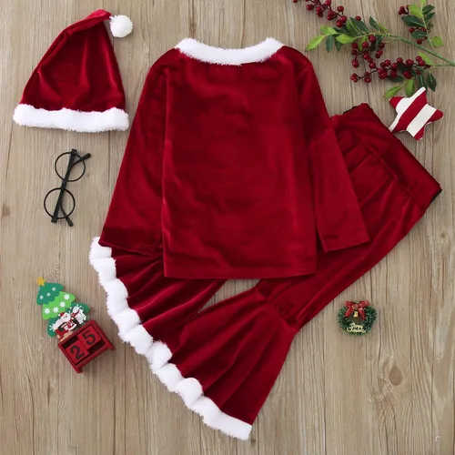 Vista 3 de AMIMOJY Trajes peludos de Navidad para niñas pequeñas, con cuello redondo, sin botones, con gorro de Papá Noel, conjunto de cinturón con leggings