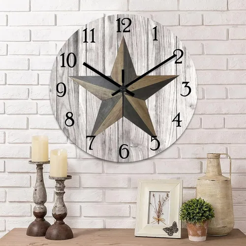 Vista 11 de Reloj de pared con diseño de país occidental de Texas, reloj de madera sin tictac, silencioso, funciona con pilas, con números grandes, reloj