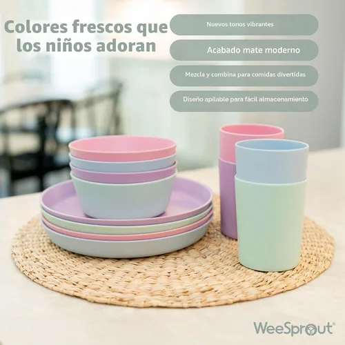 Vista 5 de WeeSprout Platos de bambú con tapas de silicona, juego de 4, vajilla de tamaño infantil, cereales, sobras y aperitivos, vajilla de melamina apta