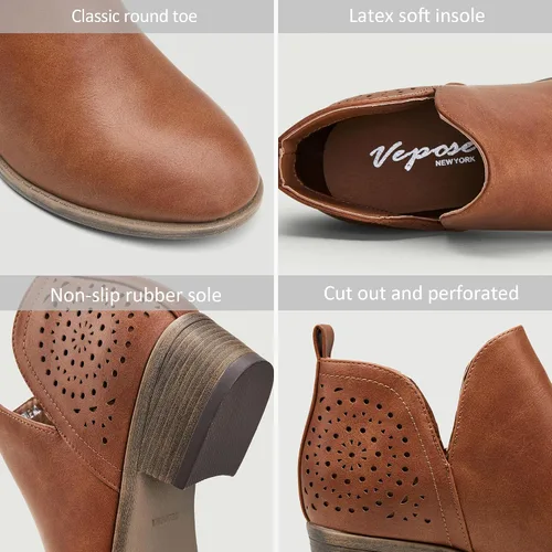 Vista 3 de VEPOSE botas al tobillo para mujer con tacón bajo y grueso, con perforaciones, botas de vaquero