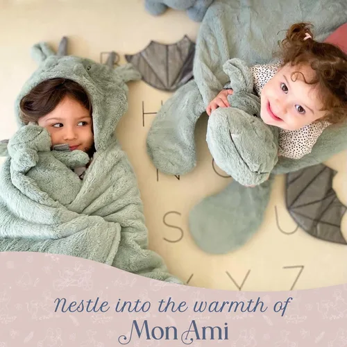 Vista 4 de MON AMI Manta con capucha de dragón Manta de sherpa suave para niños 51 x 28 pulgadas acogedor diseño con capucha para niños pequeños y niños