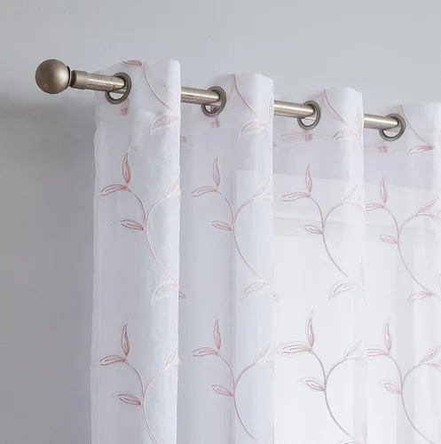 Vista 2 de Cortinas LinenZone de piso a techo para ventanas extra anchas. Cortinas transparentes blancas para divisores de habitación con bordado de hojas rosa