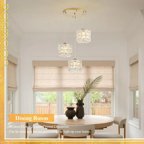 Vista 6 de Lámpara colgante de cristal de flor transparente con 3 luces de oro Dorado