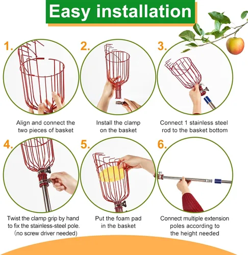Vista 4 de Herramienta de poste para recoger frutas con cesta anti-caída estable, poste de acero inoxidable de 13 pies para manzana, recolección de mango