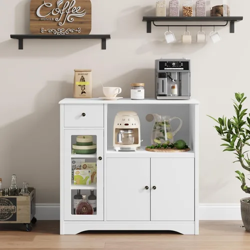 Vista 4 de HORSTORS Armario para microondas, armario de almacenamiento de cocina con 3 puertas y 1 cajón, aparador de buffet con estantes ajustables, soporte