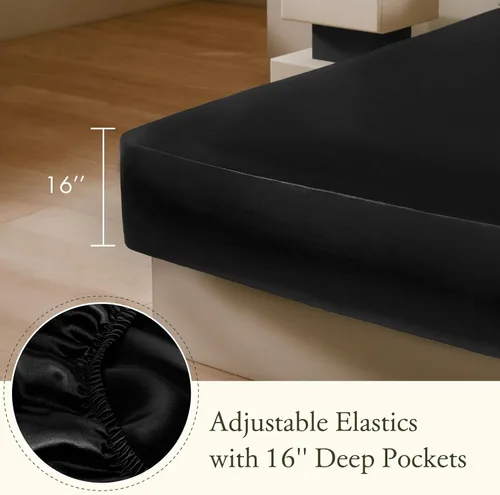 Vista 4 de LilySilk Juego de sábanas bajeras de 3 piezas, 100% seda de morera grado 6A, 2 fundas de almohada y 1 sábana bajera, bolsillo profundo de 16 Negro