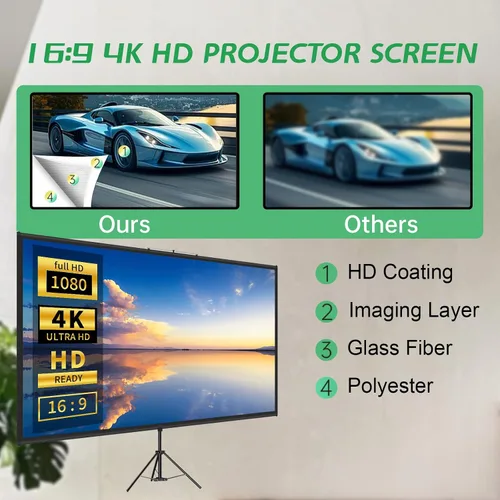 Vista 2 de Pantalla de proyector de trípode con soporte 16:9 4K HD, soporte de pantalla de proyección sin arrugas, pantalla portátil ajustable para proyector