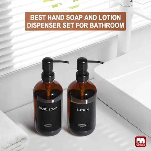 Vista 5 de Dispensador de jabón de vidrio ámbar GMISUN, juego de 2 dispensadores de jabón de mano para baño con bomba de acero inoxidable, juego de dispensador