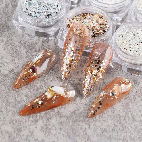 Vista 2 de Kits de arte de uñas holográficas, 6 cajas 3D con purpurina metálica brillante en copos acrílicos en polvo y lentejuelas para decoración holográfica