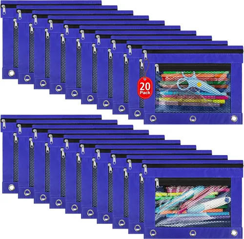 Vista 12 de Paquete de 20 bolsas para lápices para carpetas de 3 anillos con cremallera, bolsas para lápices para aula, bolsa a granel para lápices, estuche