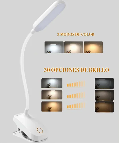 Vista 3 de COLORLIFE Lámpara de escritorio con clip, 7 W, 2600 mAh, cuello de cisne flexible, funciona con pilas, lámpara de lectura recargable con abrazadera