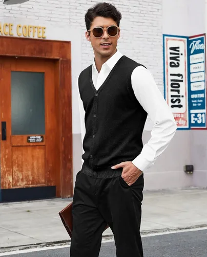 Vista 7 de COOFANDY Chaleco de suéter para hombre, cuello en V, casual, sin mangas, con botones, cárdigan